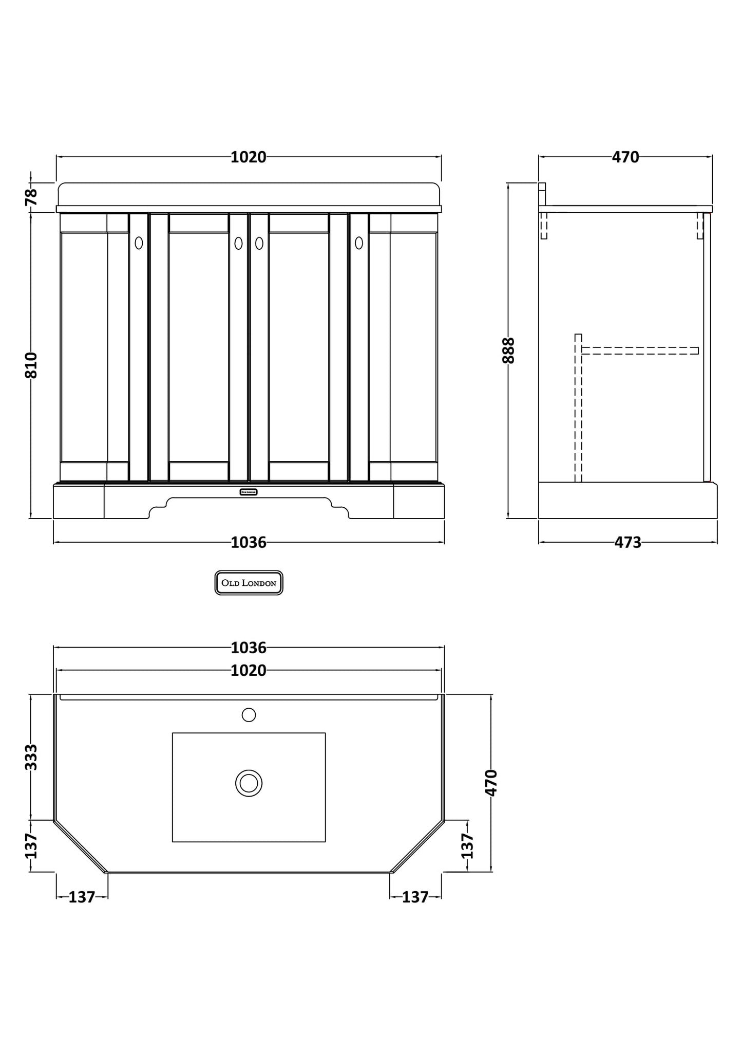 Hudson Reed Old London 1036mm Storm Grey Floor Standing 4 Door Vanity Unit with 1 Tap Hole Grey Marble Top Basin