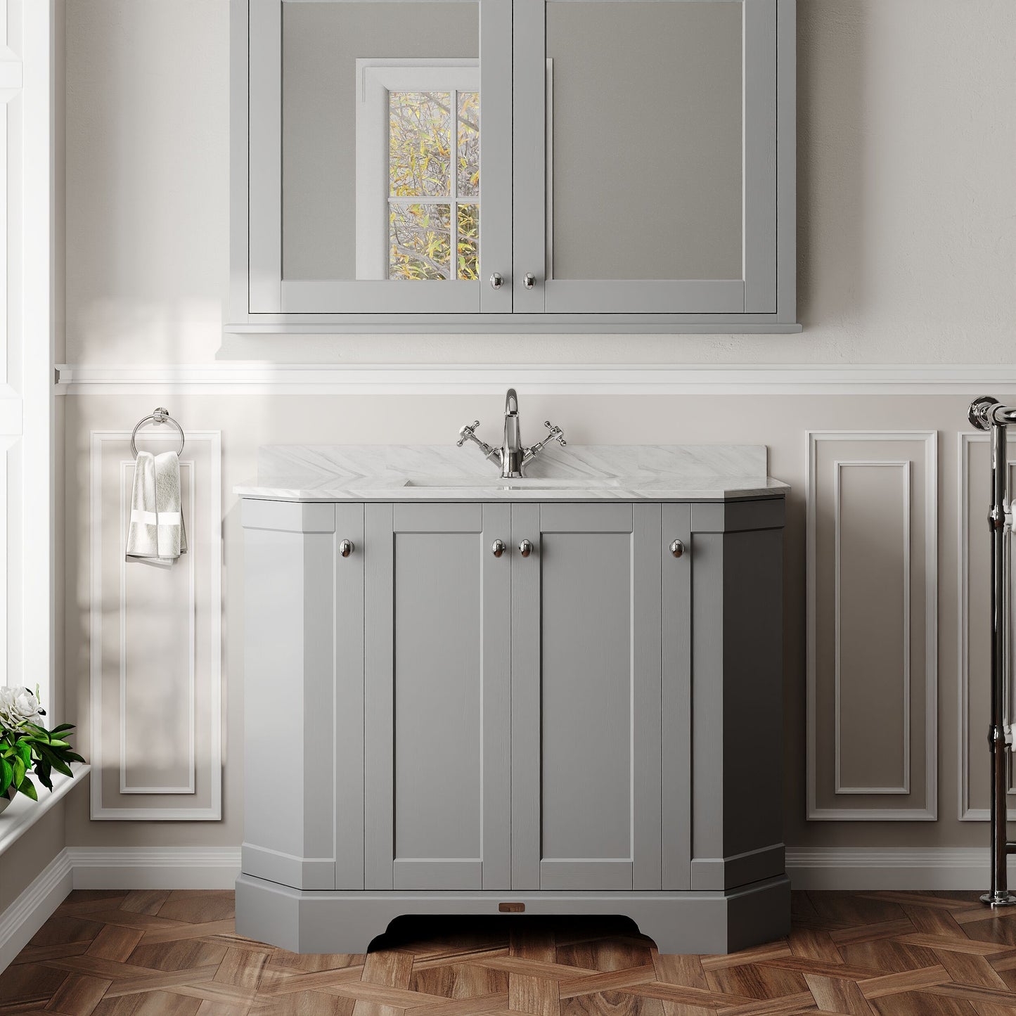 Hudson Reed Old London 1036mm Storm Grey Floor Standing 4 Door Vanity Unit with 1 Tap Hole Grey Marble Top Basin