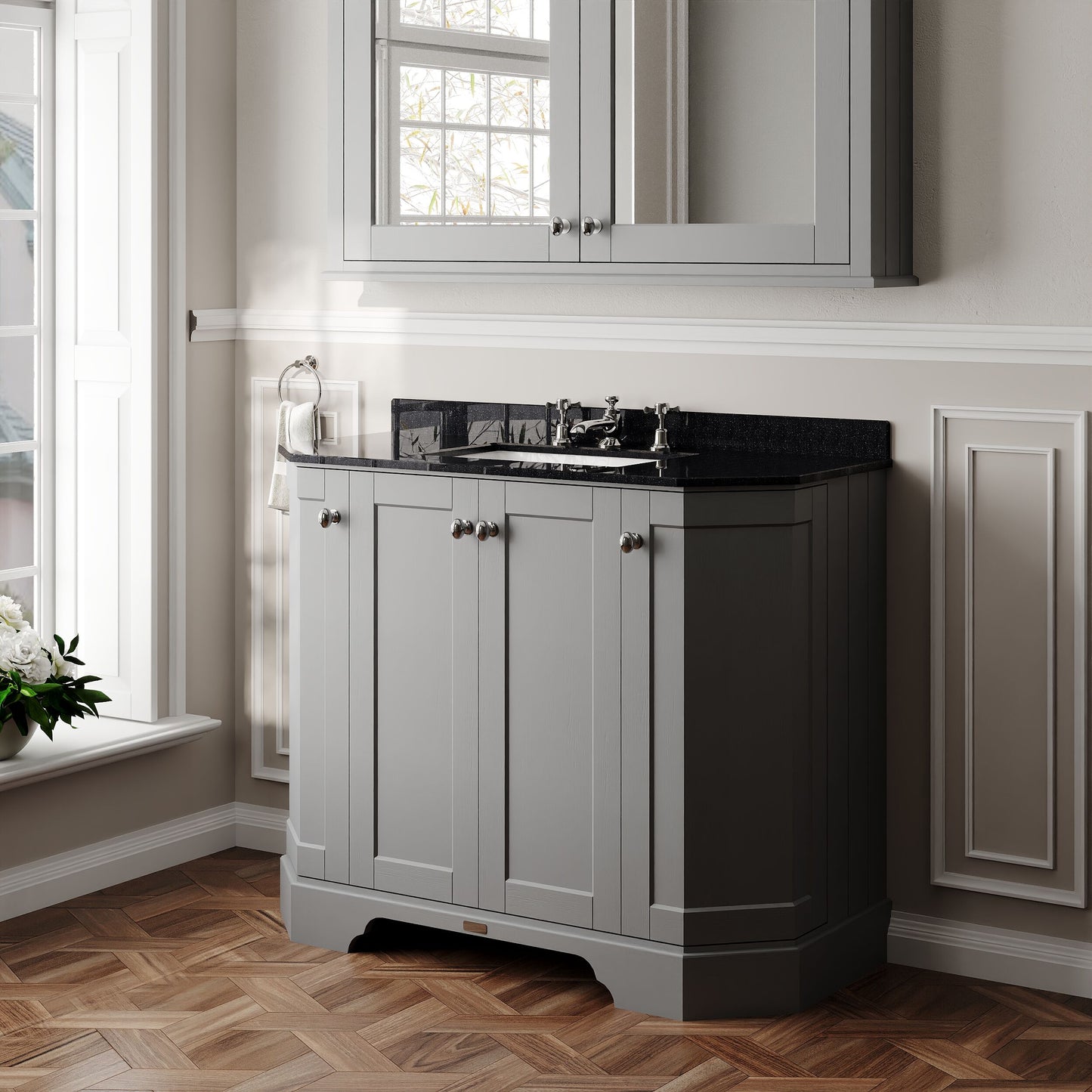 Hudson Reed Old London 1036mm Floor Standing 4 Door Vanity Unit with 3 Tap Hole Black Marble Top Basin and Backsplash