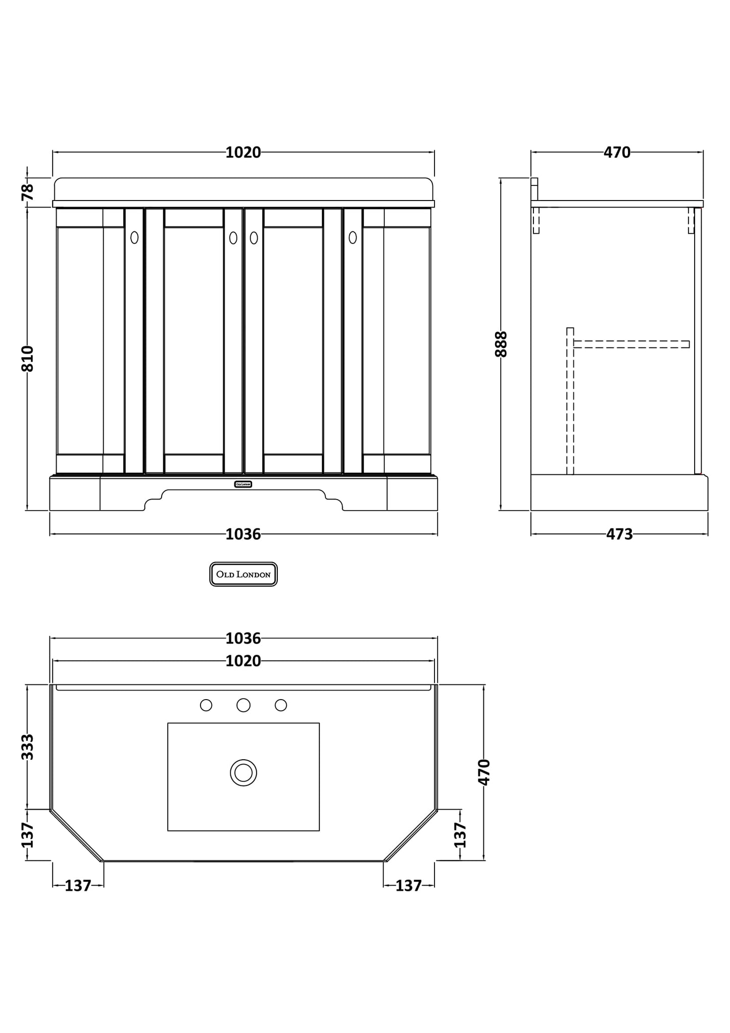 Hudson Reed Old London 1000mm Storm Grey 4 Door Floor Standing Vanity Unit with 3 Tap Hole Marble Top Basin