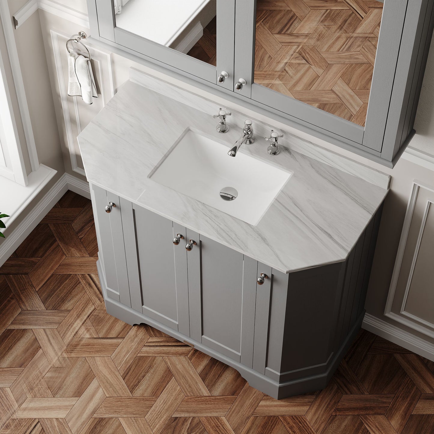 Hudson Reed Old London 1000mm Storm Grey 4 Door Floor Standing Vanity Unit with 3 Tap Hole Marble Top Basin