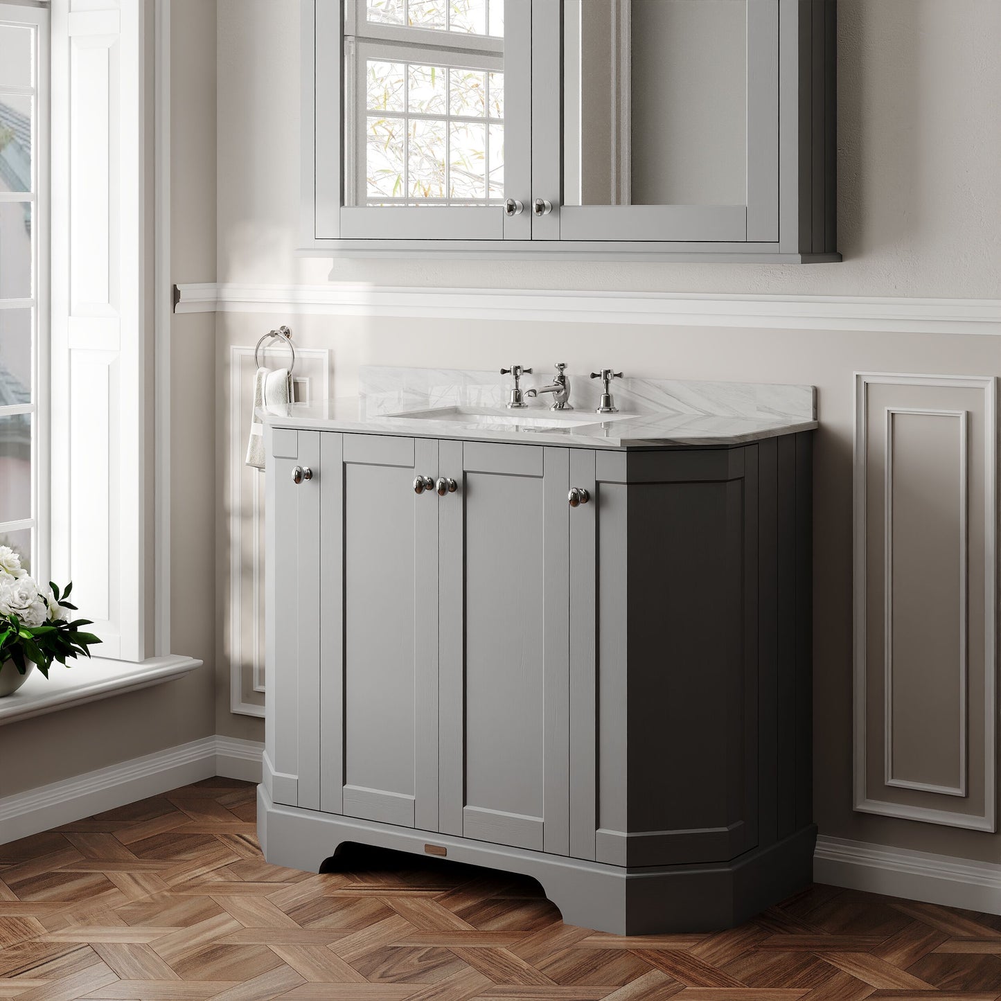 Hudson Reed Old London 1000mm Storm Grey 4 Door Floor Standing Vanity Unit with 3 Tap Hole Marble Top Basin