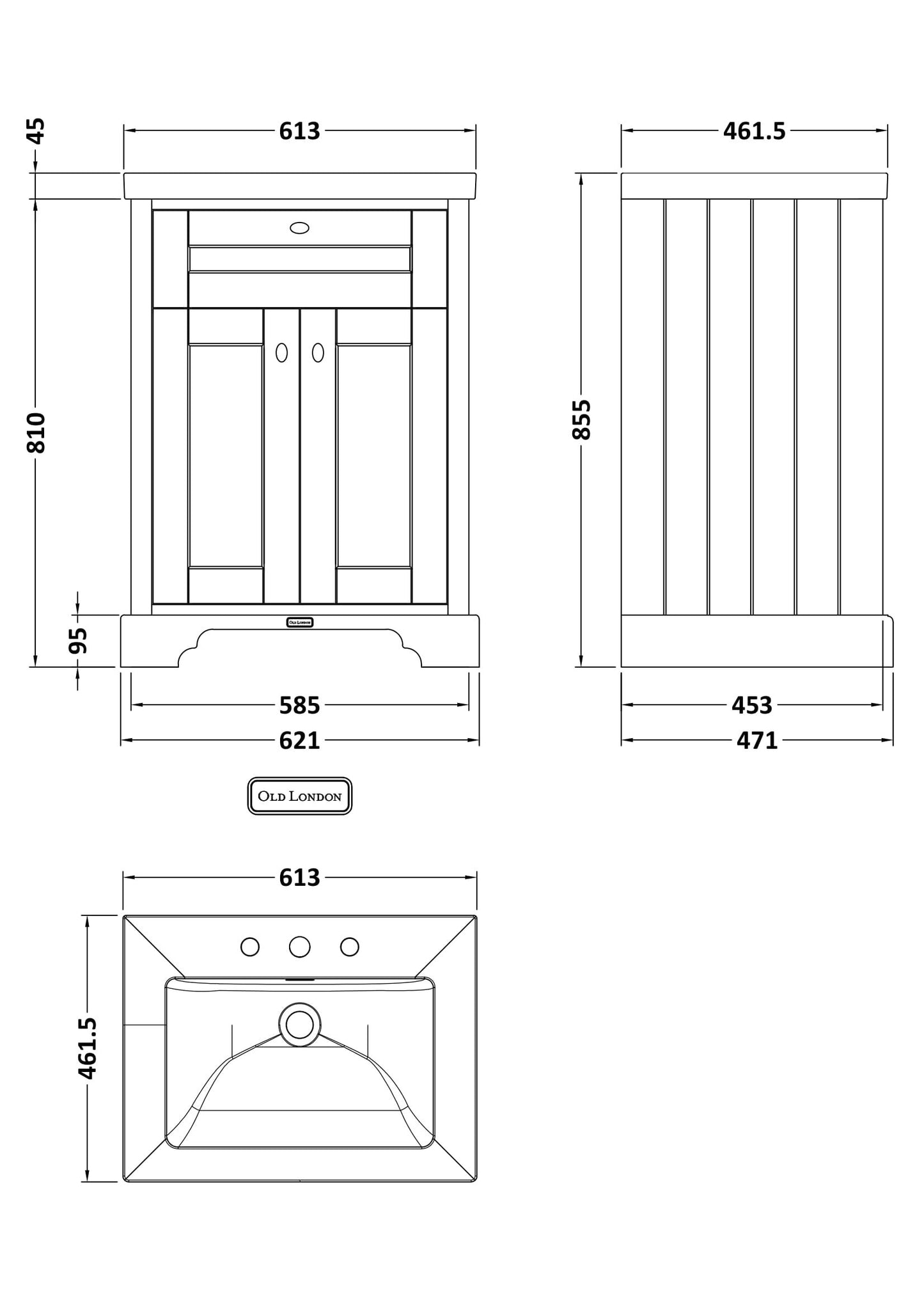 Old London 600mm 2-Door Unit & Contemporary Fireclay Basin 3TH