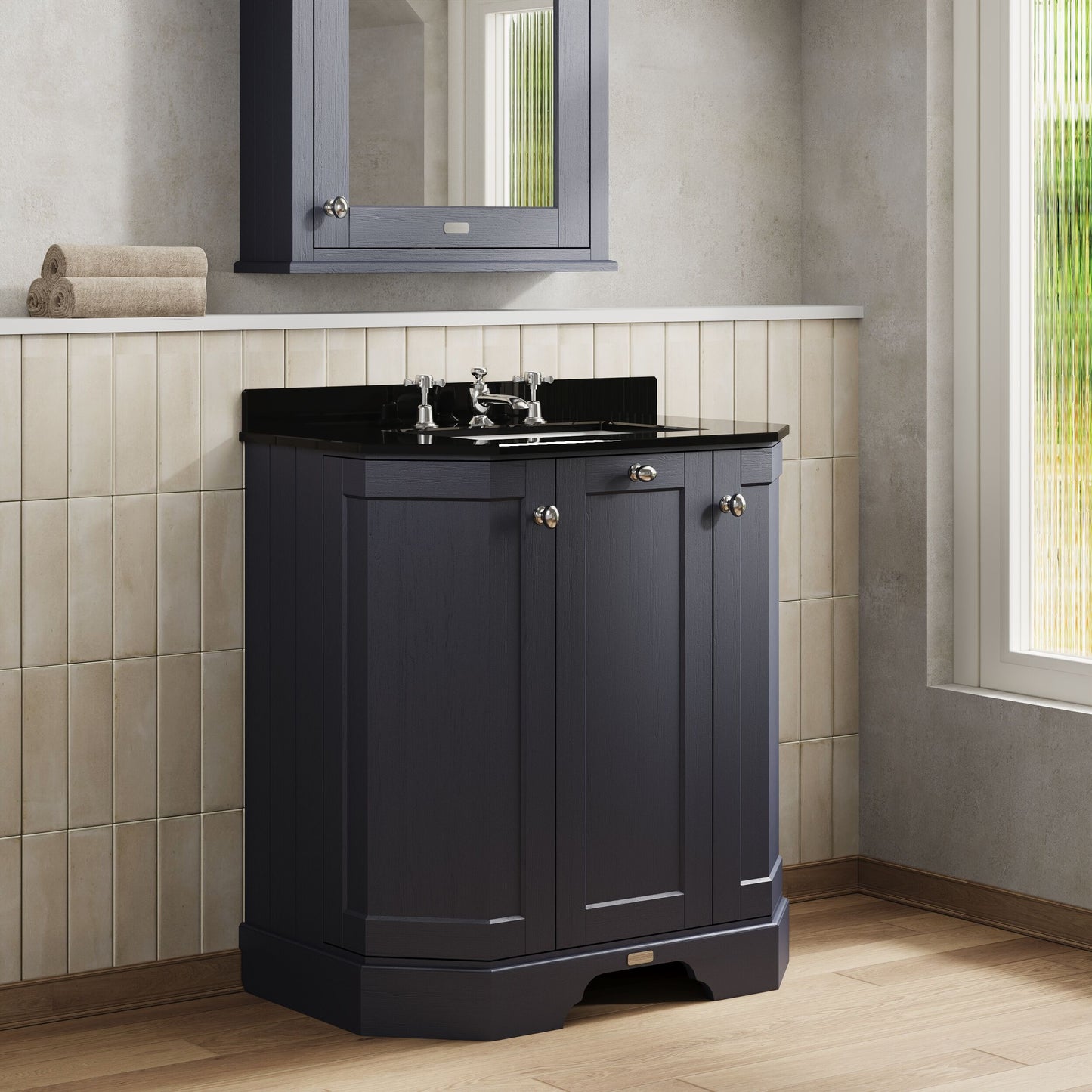 Hudson Reed Old London 750mm Floor Standing 3 Door Vanity Unit with 3 Tap Hole Black Marble Top Basin