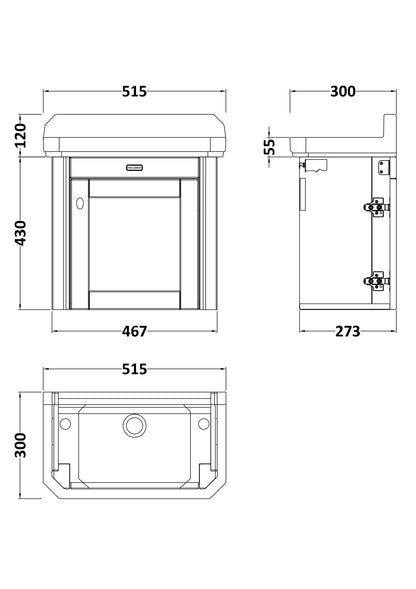 Hudson Reed Old London 515mm Twilight Blue Wall Hung 1 Door Cabinet with 1 Tap Hole Ceramic Basin