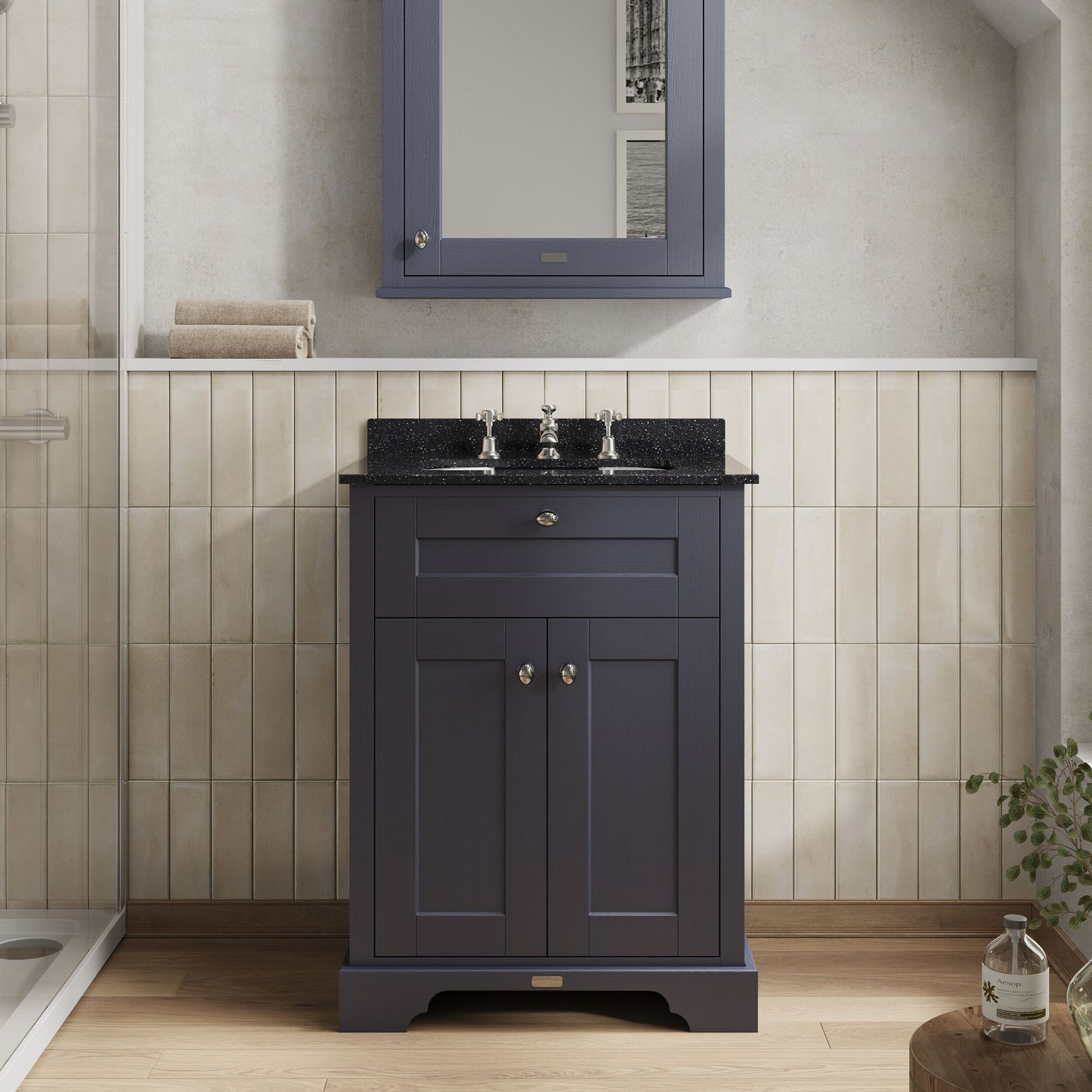 Hudson Reed Old London 600mm Floor Standing 2 Door Vanity Unit with 3 Tap Hole Black Marble Top Basin