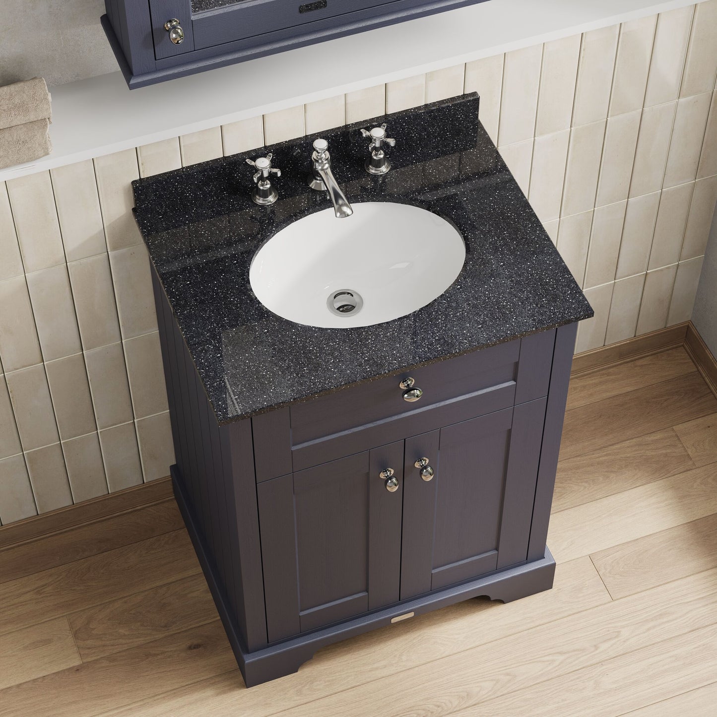 Hudson Reed Old London 600mm Floor Standing 2 Door Vanity Unit with 3 Tap Hole Black Marble Top Basin