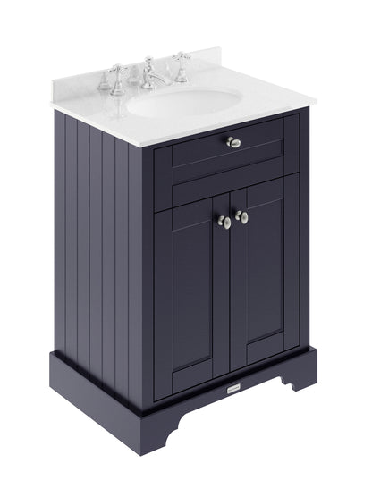 Hudson Reed Old London 600mm Twilight Blue Floor Standing 2 Door Vanity Unit With 3 Tap Hole White Marble Top Basin