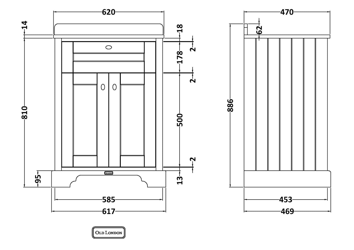Hudson Reed Old London 600mm Twilight Blue Floor Standing 2 Door Vanity Unit With 3 Tap Hole White Marble Top Basin