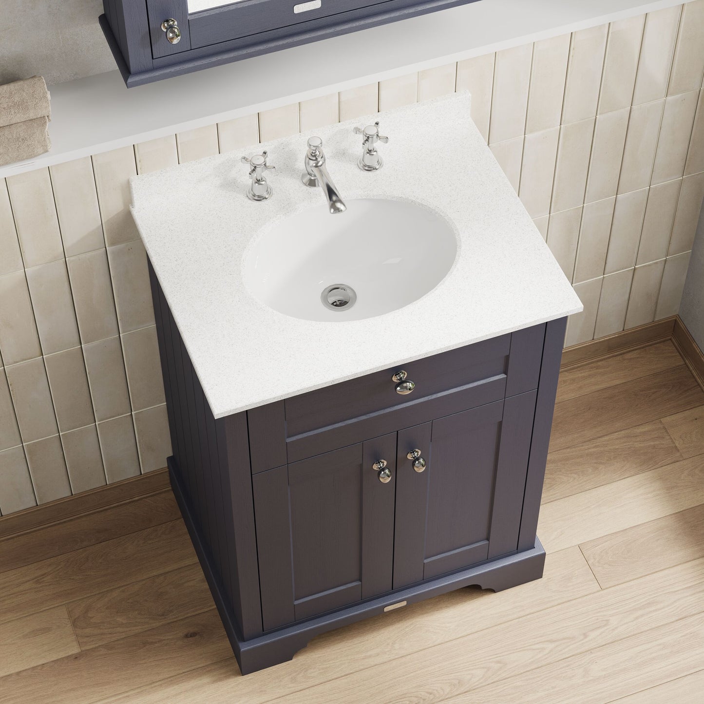 Hudson Reed Old London 600mm Twilight Blue Floor Standing 2 Door Vanity Unit With 3 Tap Hole White Marble Top Basin