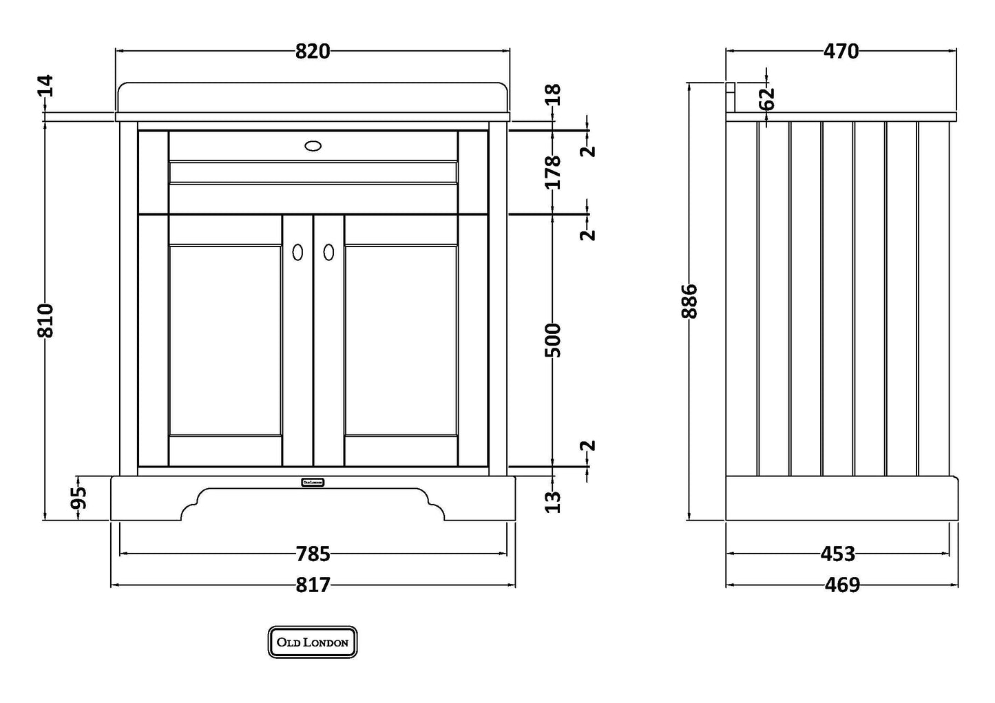 Floor Standing 2 Door Vanity Basin Unit with Square Basin & 1 Tap Hole Marble Top, 800mm