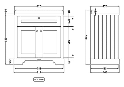 Floor Standing 2 Door Vanity Basin Unit with Square Basin & 1 Tap Hole Marble Top, 800mm