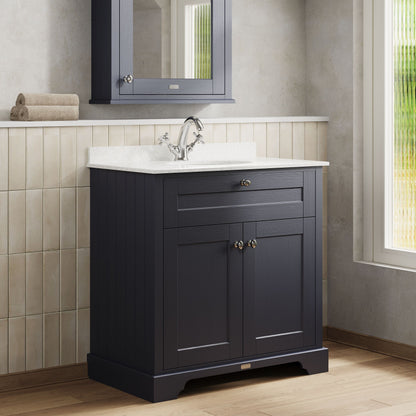 Hudson Reed Old London 800mm Twilight Blue Floor Standing 2 Door Vanity Unit with 1 Tap Hole White Marble Top Basin