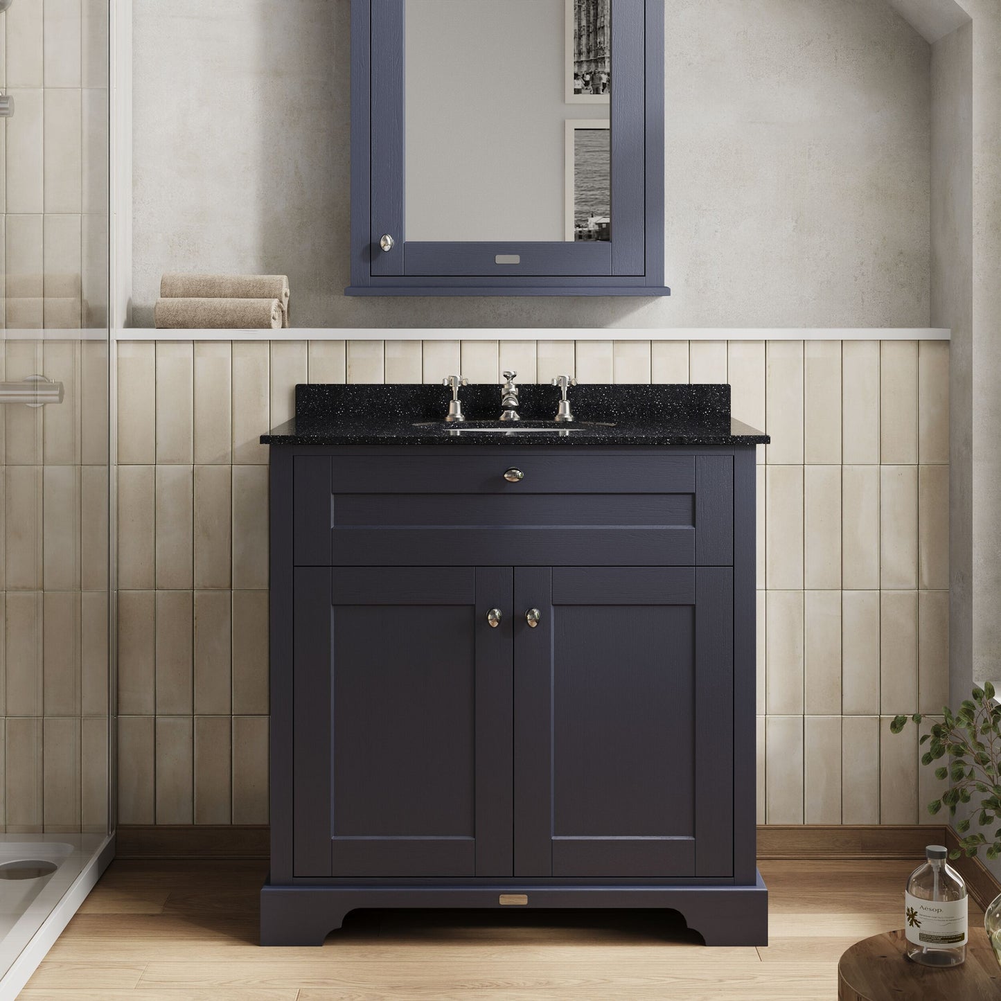 Hudson Reed Old London 820mm Twilight Blue Floor Standing 2 Door Vanity Unit With 3 Tap Hole Black Marble Top Basin