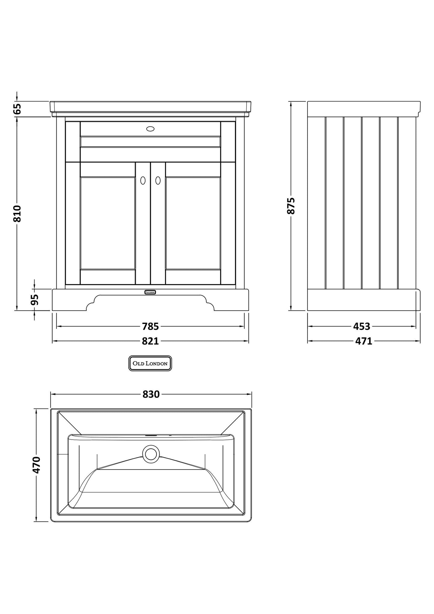 Hudson Reed Old London 830mm Floor Standing 2 Door Vanity Unit With Fireclay Basin