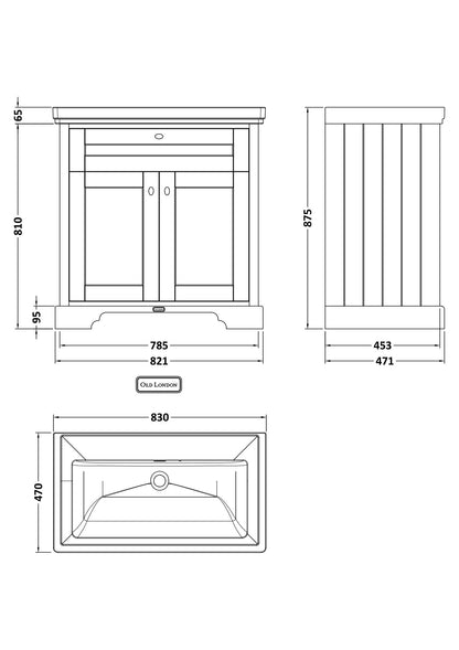 Hudson Reed Old London 830mm Floor Standing 2 Door Vanity Unit With Fireclay Basin