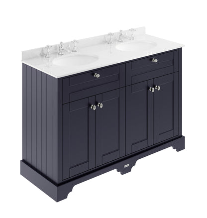 Hudson Reed Old London 1200mm Twilight Blue 4 Door Vanity Unit With 3 Tap Hole White Marble Top Double Basin