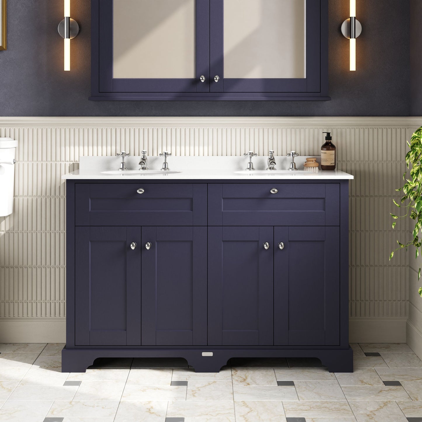 Hudson Reed Old London 1200mm Twilight Blue 4 Door Vanity Unit With 3 Tap Hole White Marble Top Double Basin