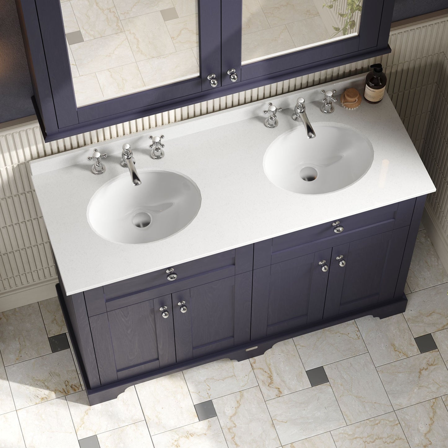 Hudson Reed Old London 1200mm Twilight Blue 4 Door Vanity Unit With 3 Tap Hole White Marble Top Double Basin