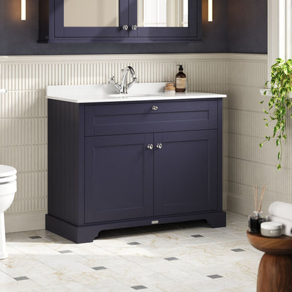 Hudson Reed Old London 1020mm Twilight Blue Floor Standing 2 Door Vanity Unit with 1 Tap Hole White Marble Top Basin