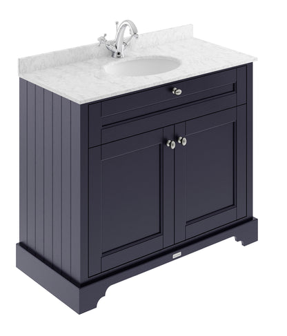 Hudson Reed Old London 1000mm Twilight Blue Floor Standing 2 Door Vanity Unit With Grey Marble Top 1 Tap Hole Basin