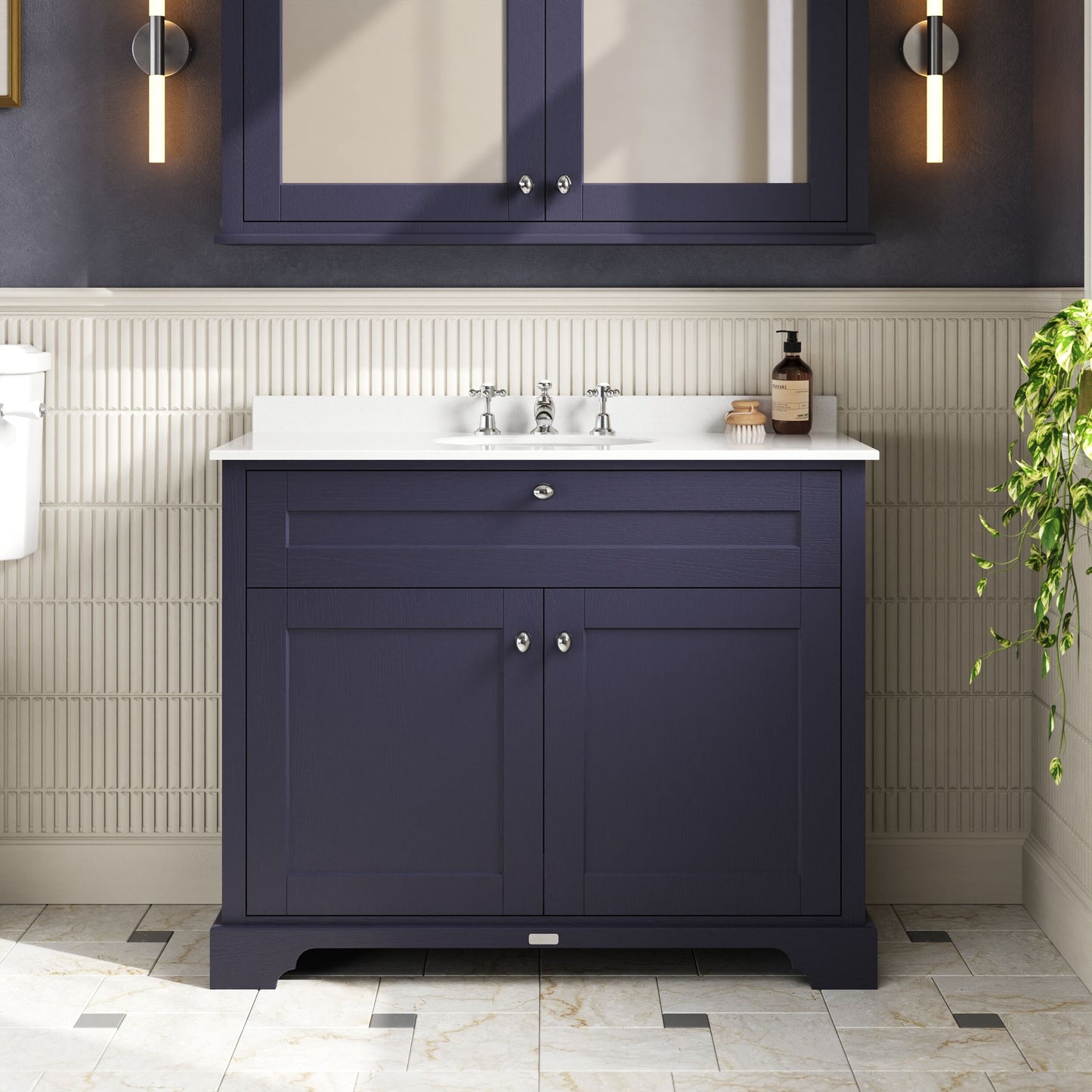 Floor Standing 2 Door Vanity Unit with 1 Tap Hole White Marble Top 1000mm