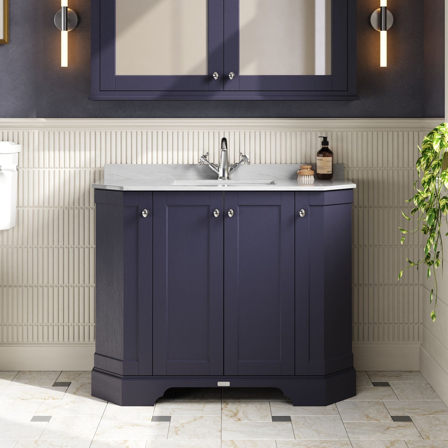 Floor Standing 4 Door Angled Vanity Unit with 1 Tap Hole Grey Marble Top 100mm