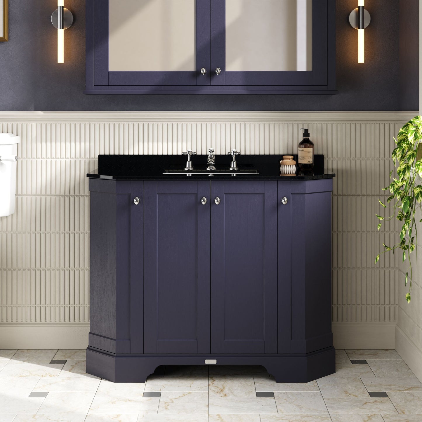 Hudson Reed Old London 1000mm Twilight Blue Floor Standing 4 Door Vanity Unit with 3 Tap Hole Black Marble Top Basin