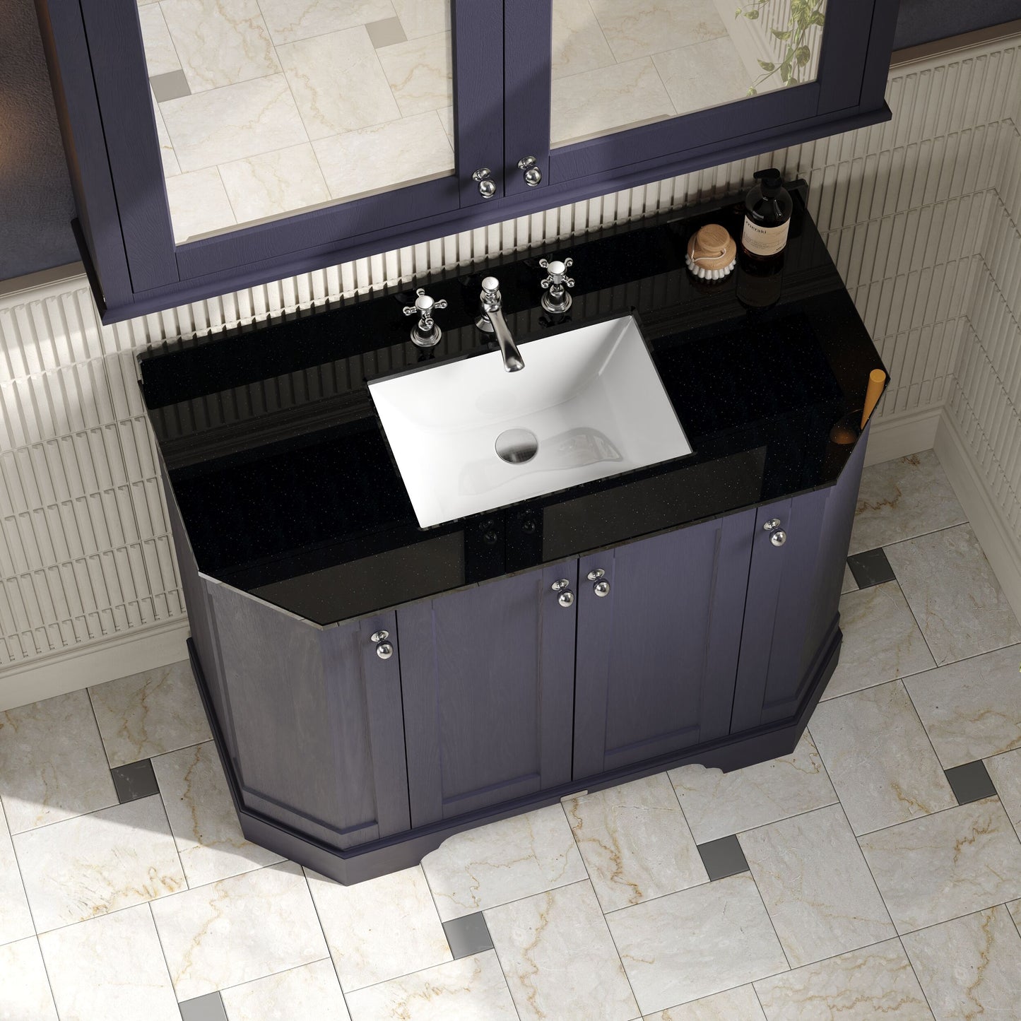 Hudson Reed Old London 1000mm Twilight Blue Floor Standing 4 Door Vanity Unit with 3 Tap Hole Black Marble Top Basin