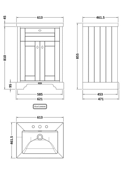 Hudson Reed Old London 813mm Twilight Blue Floor Standing Vanity Unit Including Fireclay Basin 3 Taphole