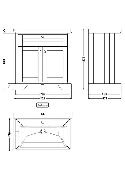 Hudson Reed Old London 800mm Floor Standing 2 Door Vanity Unit Including Fireclay Basin