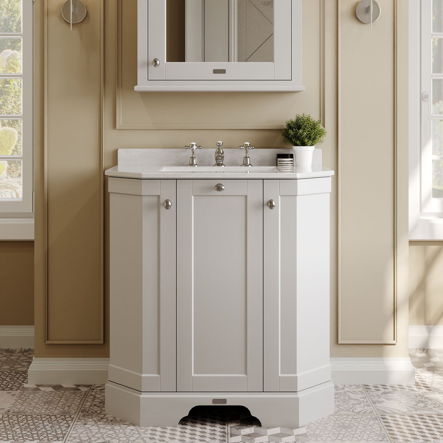 Hudson Reed Old London 750mm Timeless Sand Floor Standing 3 Door Vanity Unit With 3 Tap Hole White Marble Top Basin