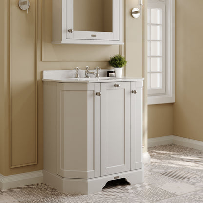 Hudson Reed Old London 750mm Timeless Sand Floor Standing 3 Door Vanity Unit With 3 Tap Hole White Marble Top Basin