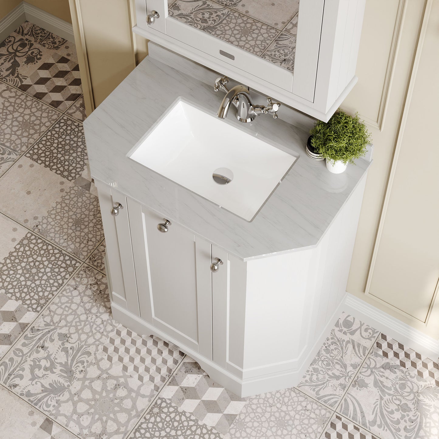 Floor Standing 3 Door Angled Vanity Unit with 1 Tap Hole Grey Marble Top 750mm