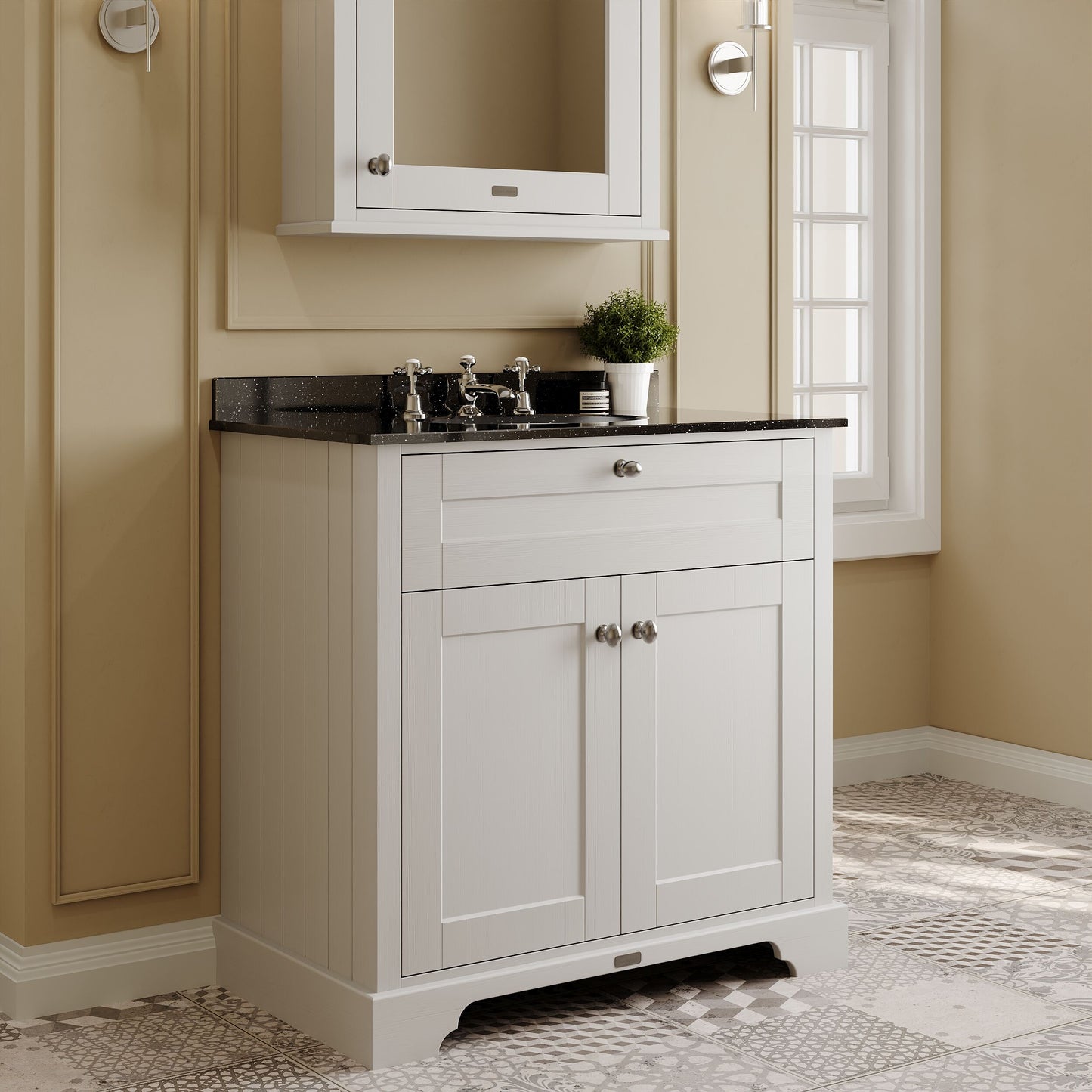 Hudson Reed Old London 820mm Timeless Sand 2 Door Floor Vanity Unit With 3 Tap Hole Black Marble Top Basin
