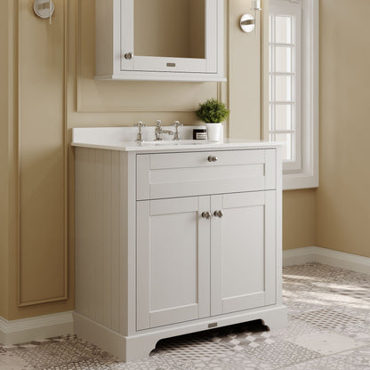 Hudson Reed Old London 800mm Timeless Sand Floor Standing 2 Door Vanity Unit with 3 Tap Hole White Marble Top Basin