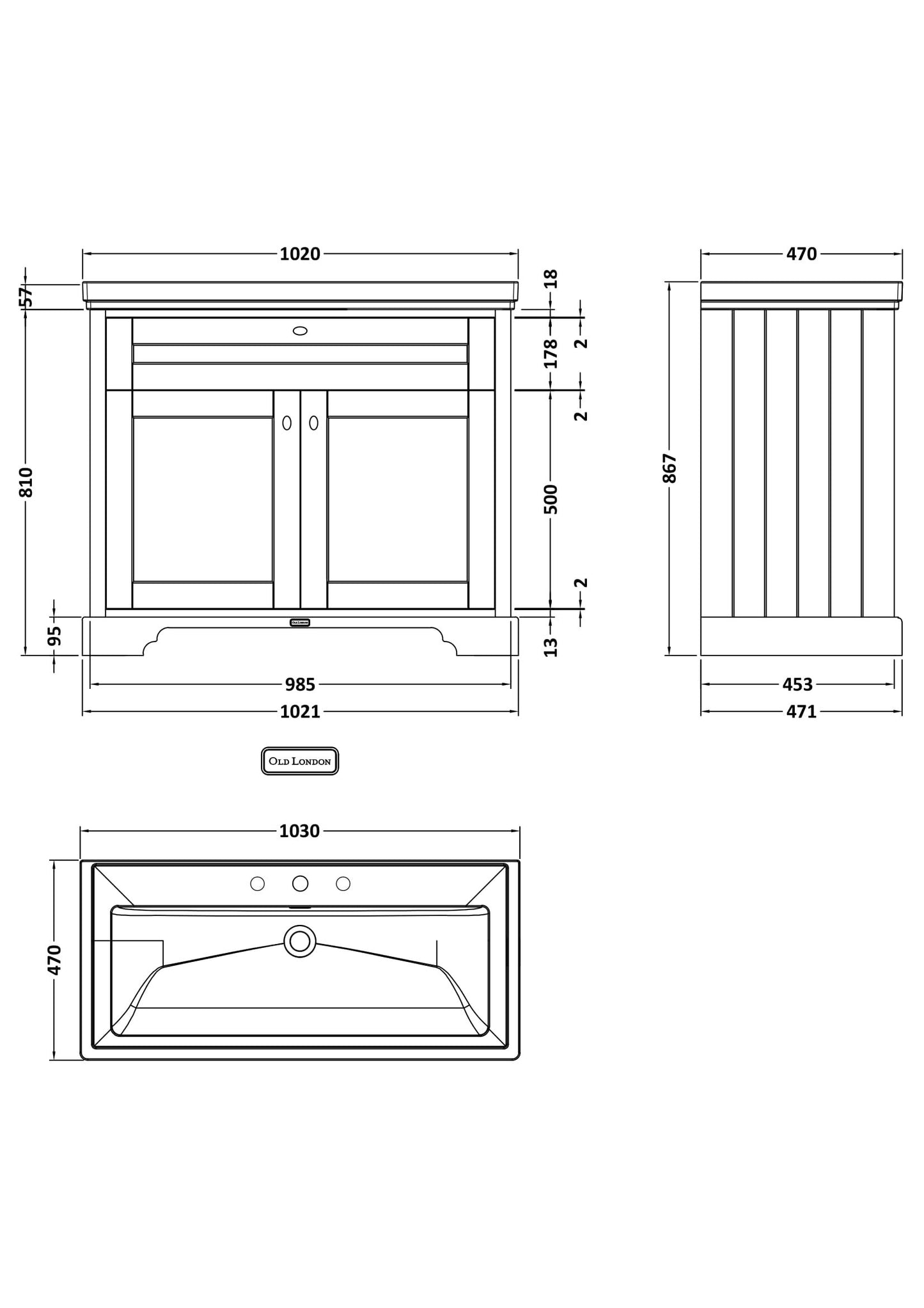 Old London 1000mm 2-Door Unit & Classic Fireclay Basin 3TH