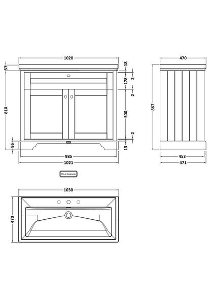 Old London 1000mm 2-Door Unit & Classic Fireclay Basin 3TH
