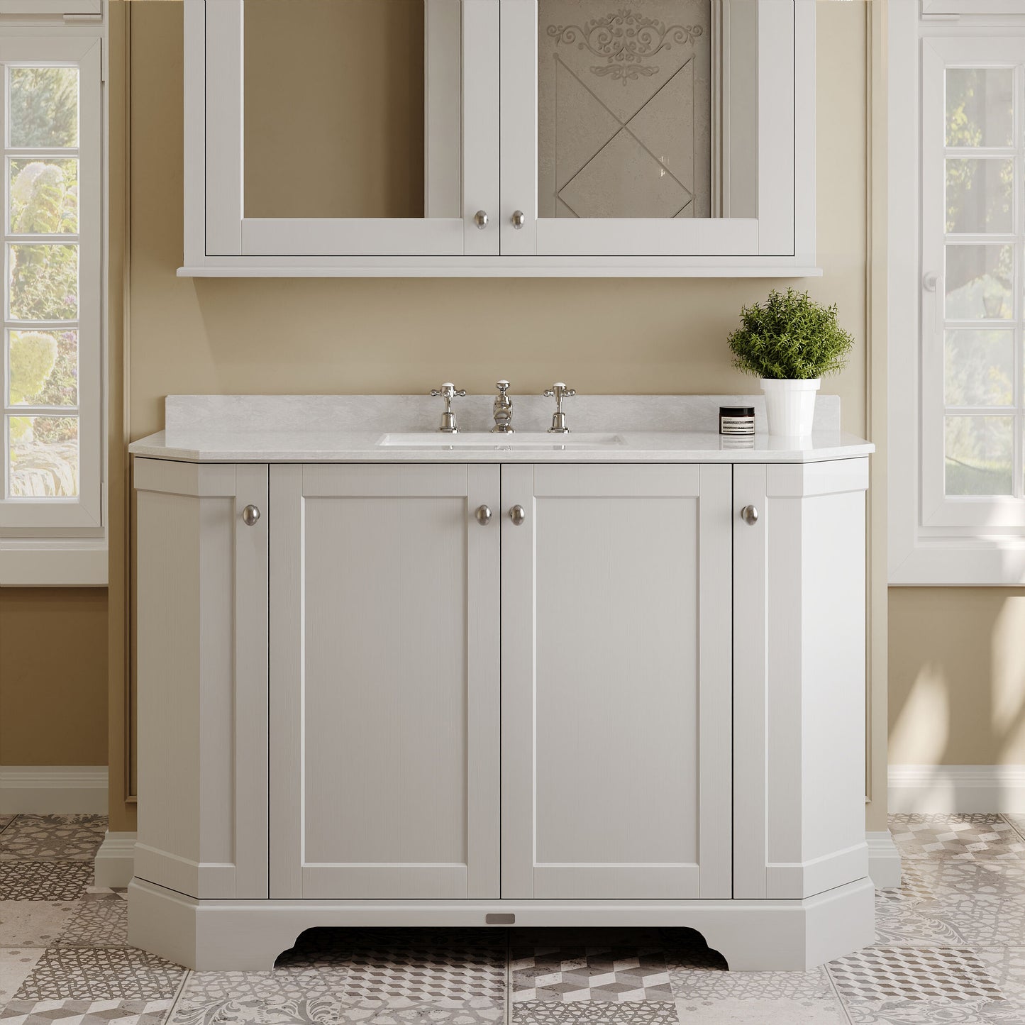 Hudson Reed Old London 1200mm Floor Standing 4 Door Vanity Unit With 3 Tap Hole White Marble Top Basin