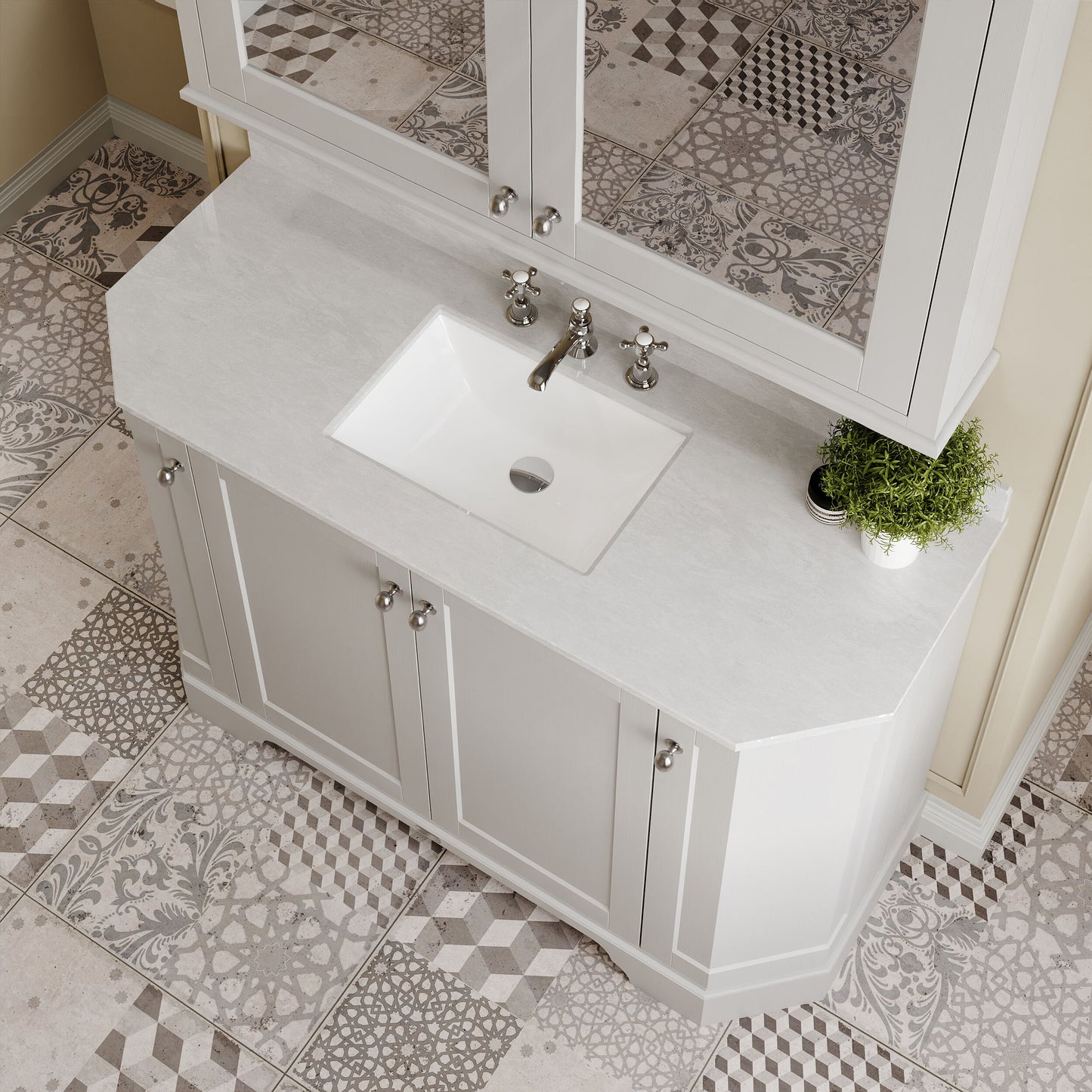 Hudson Reed Old London 1200mm Floor Standing 4 Door Vanity Unit With 3 Tap Hole White Marble Top Basin