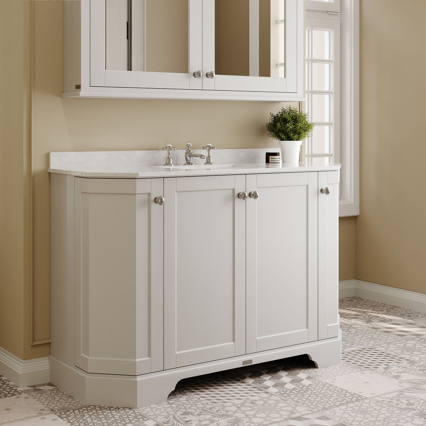 Hudson Reed Old London 1200mm Floor Standing 4 Door Vanity Unit With 3 Tap Hole White Marble Top Basin