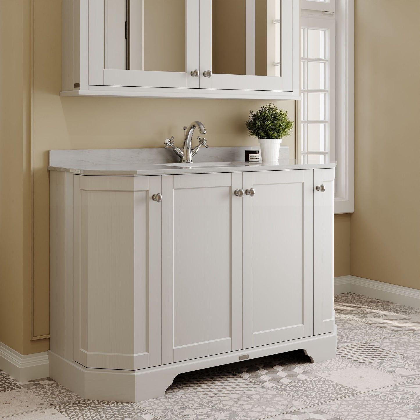 Floor Standing 4 Door Angled Vanity Unit with 1 Tap Hole Grey Marble Top 1200mm