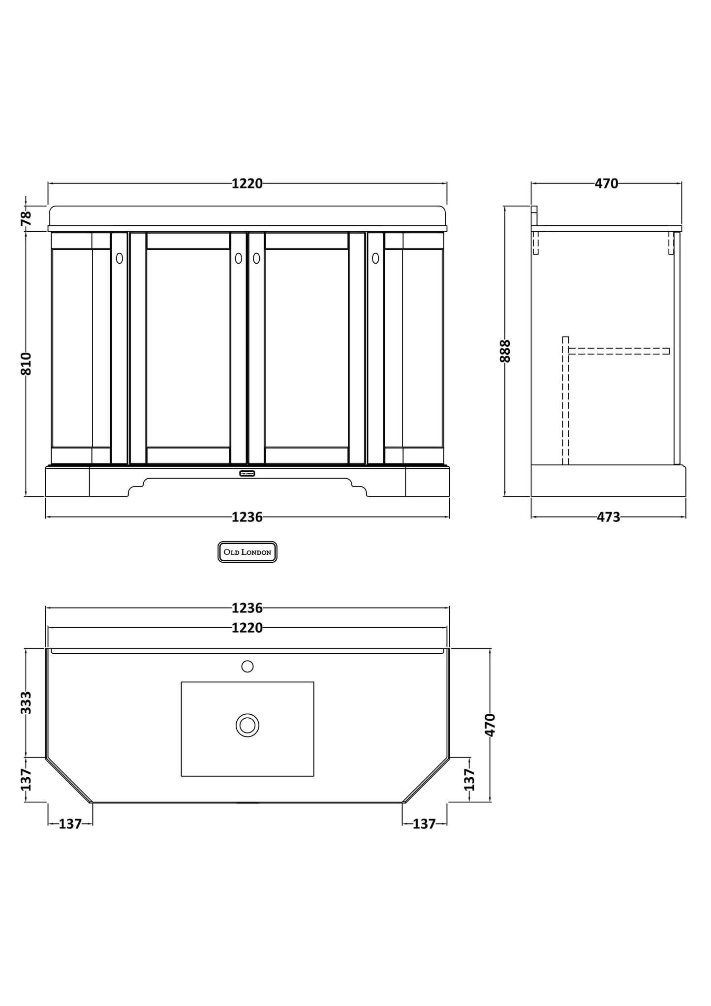 Floor Standing 4 Door Angled Vanity Unit with 1 Tap Hole Black Marble Top 1200mm