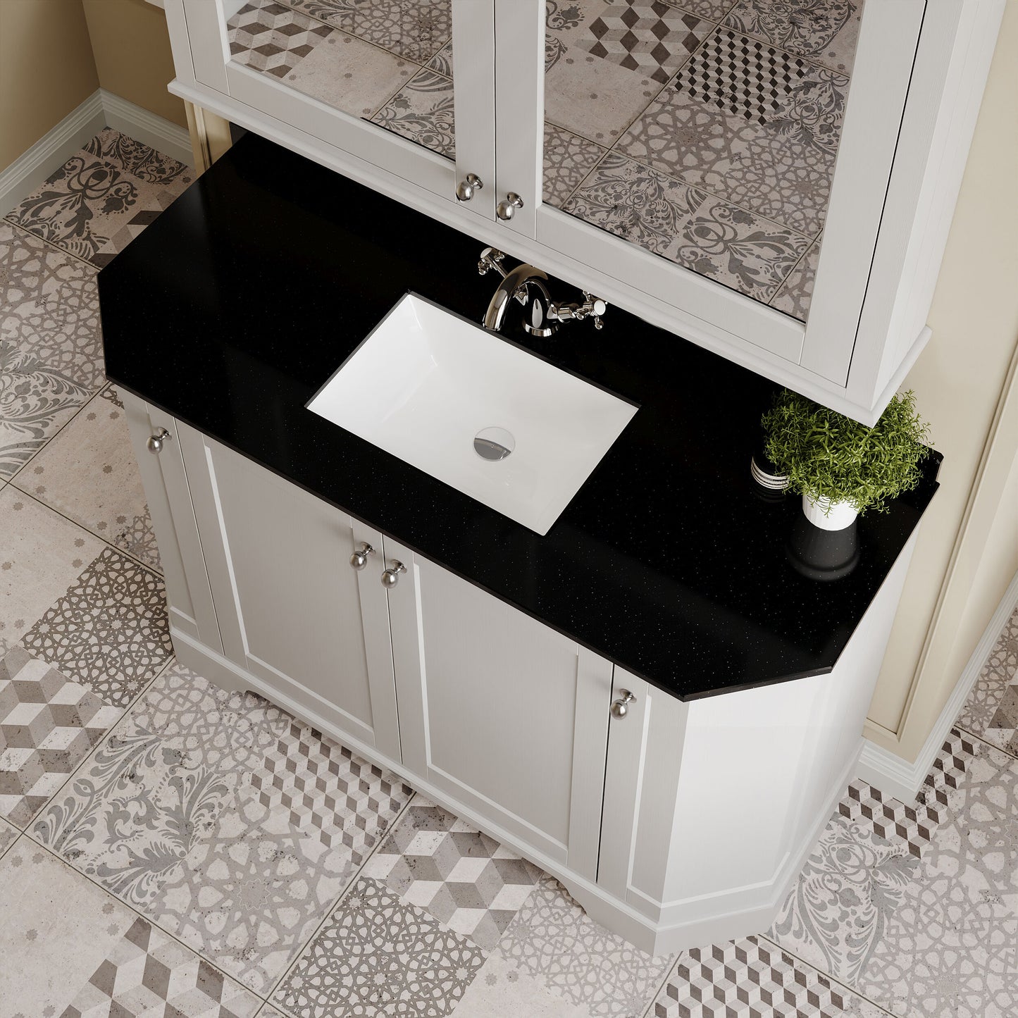 Floor Standing 4 Door Angled Vanity Unit with 1 Tap Hole Black Marble Top 1200mm