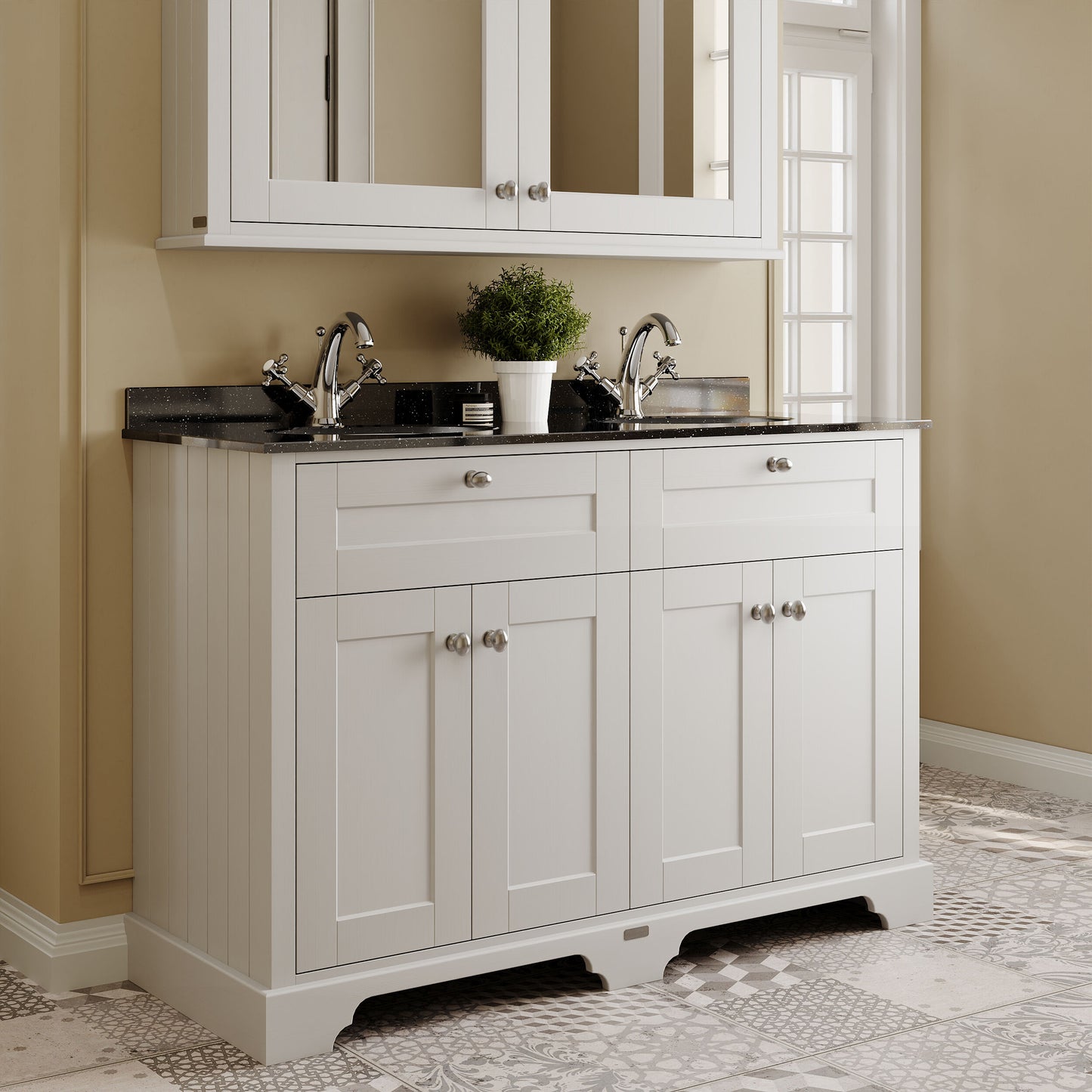 Hudson Reed Old London 1200mm Floor Standing 4 Door Vanity Unit With 1 Tap Hole Black Marble Top Double Basin