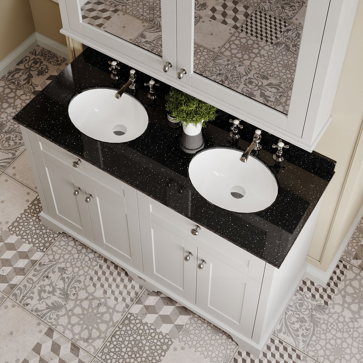 Hudson Reed Old London 1220mm Floor Standing 4 Door Vanity Unit with 3 Tap Hole Black Marble Double Basin