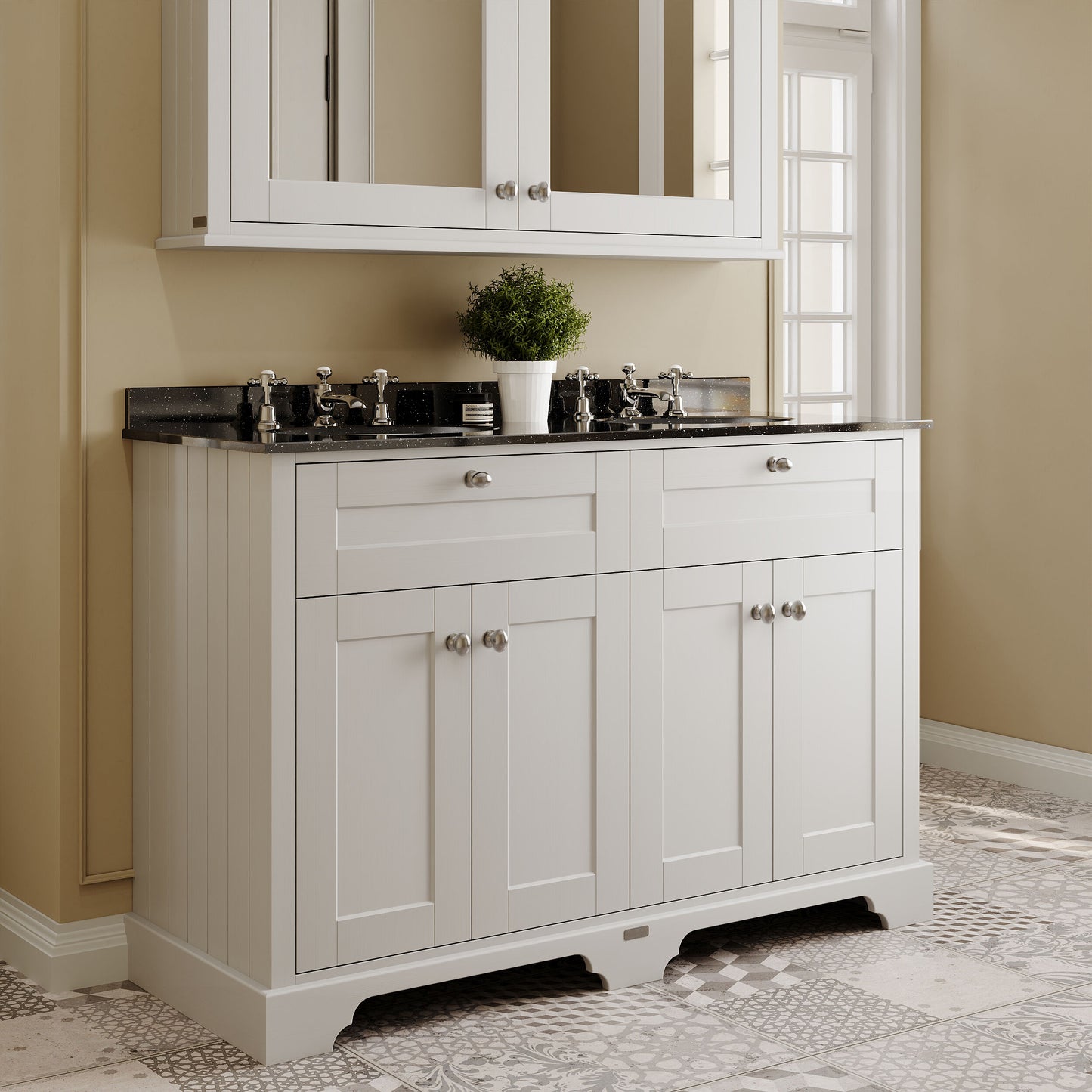 Hudson Reed Old London 1220mm Floor Standing 4 Door Vanity Unit with 3 Tap Hole Black Marble Double Basin