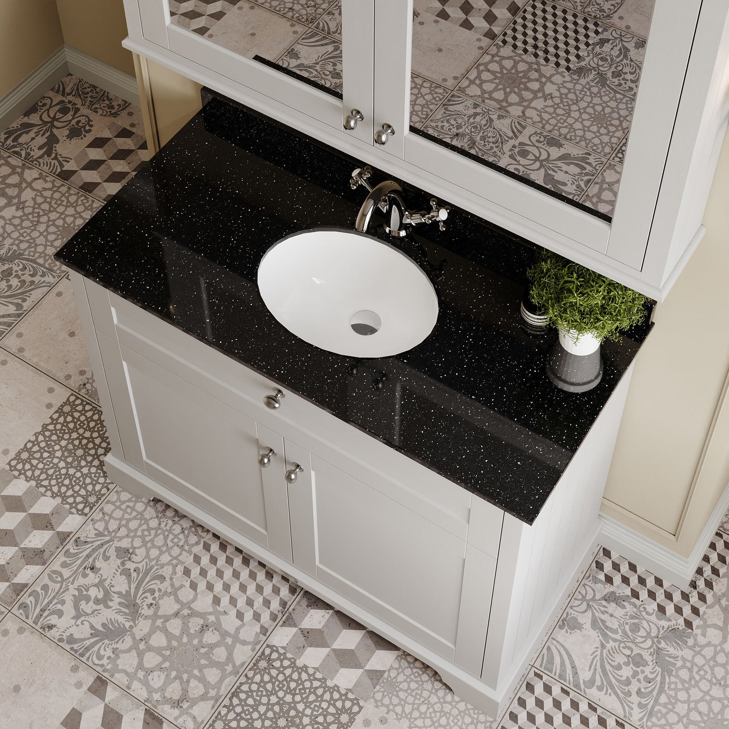 Floor Standing 2 Door Vanity Unit with 1 Tap Hole Black Marble Top 1000mm