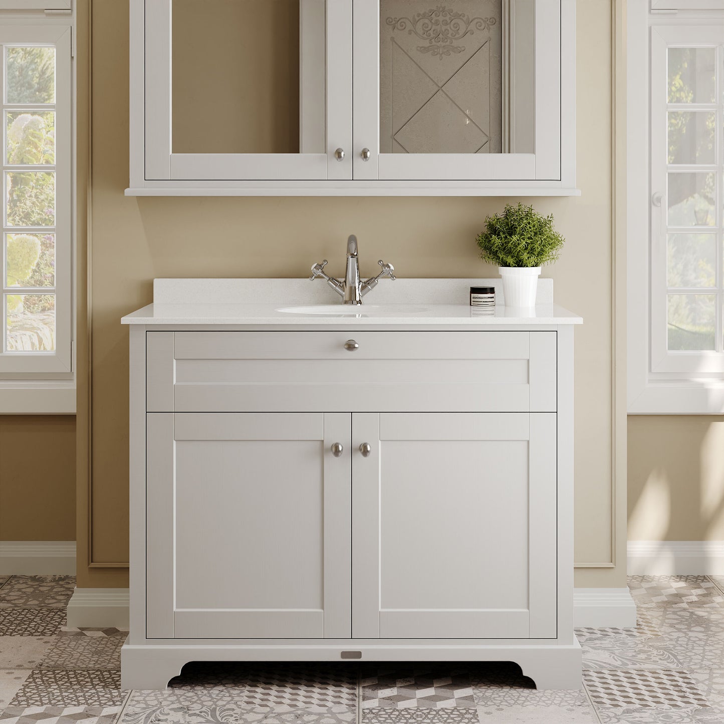 Floor Standing 2 Door Vanity Unit with 1 Tap Hole White Marble Top 1000mm