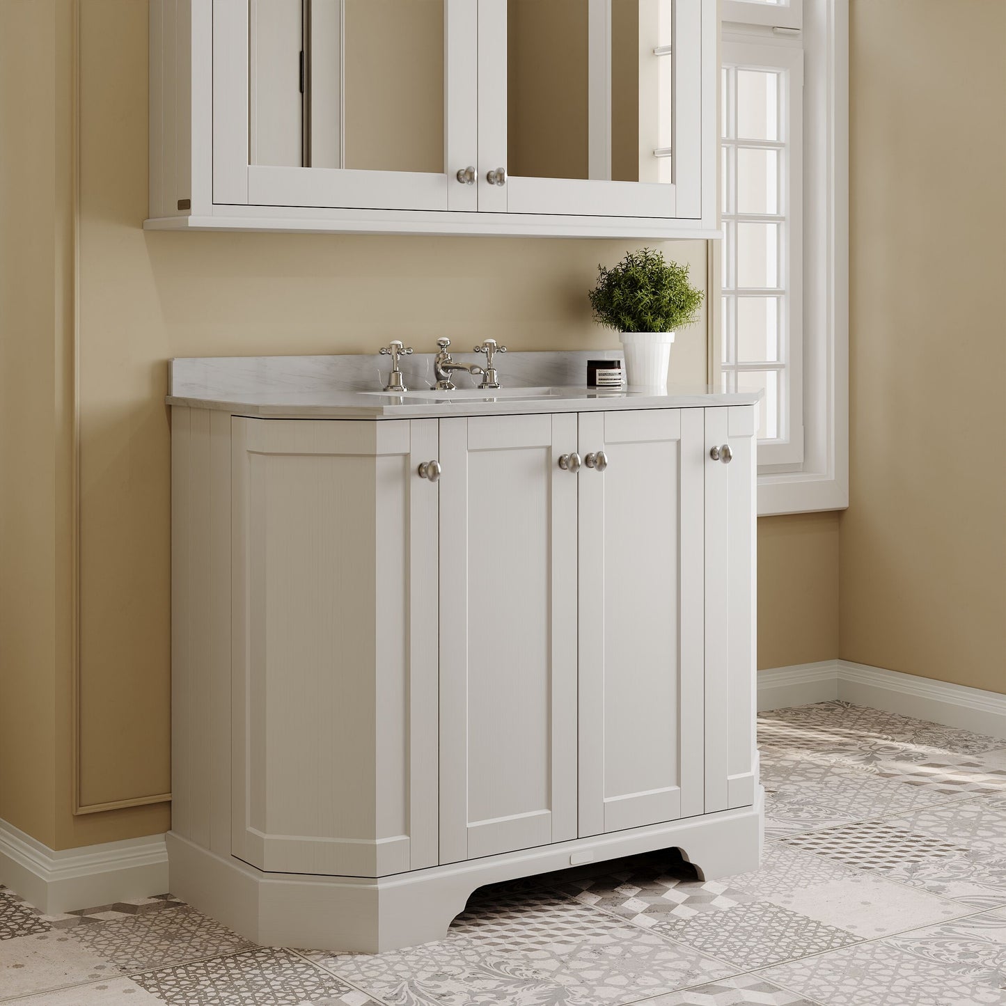 Floor Standing 4 Door Angled Vanity Unit with 3 Tap Hole Grey Marble Top 1000mm